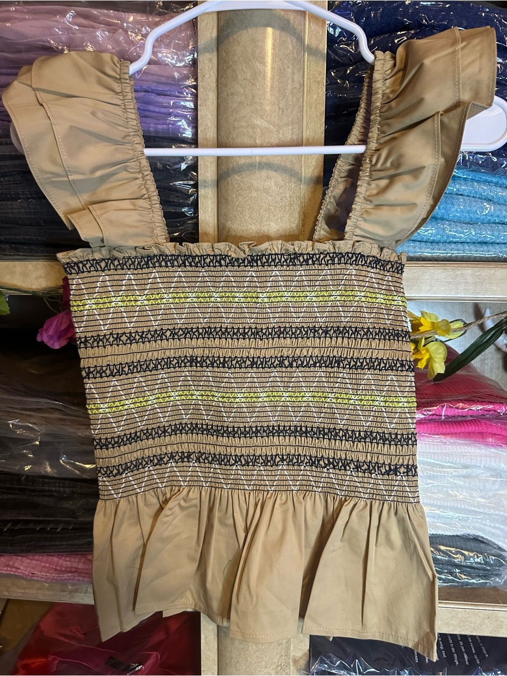 Strut & Bolt Smocked Tan Crop Top with Neon Stitch Detail